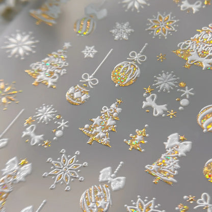 Tender Blue Christmas Tree Hanging Ball Ribbon Gold Star Snowflakes Bowknot Ring Adhesive Nail Charms Art Sticker Manicure Decal