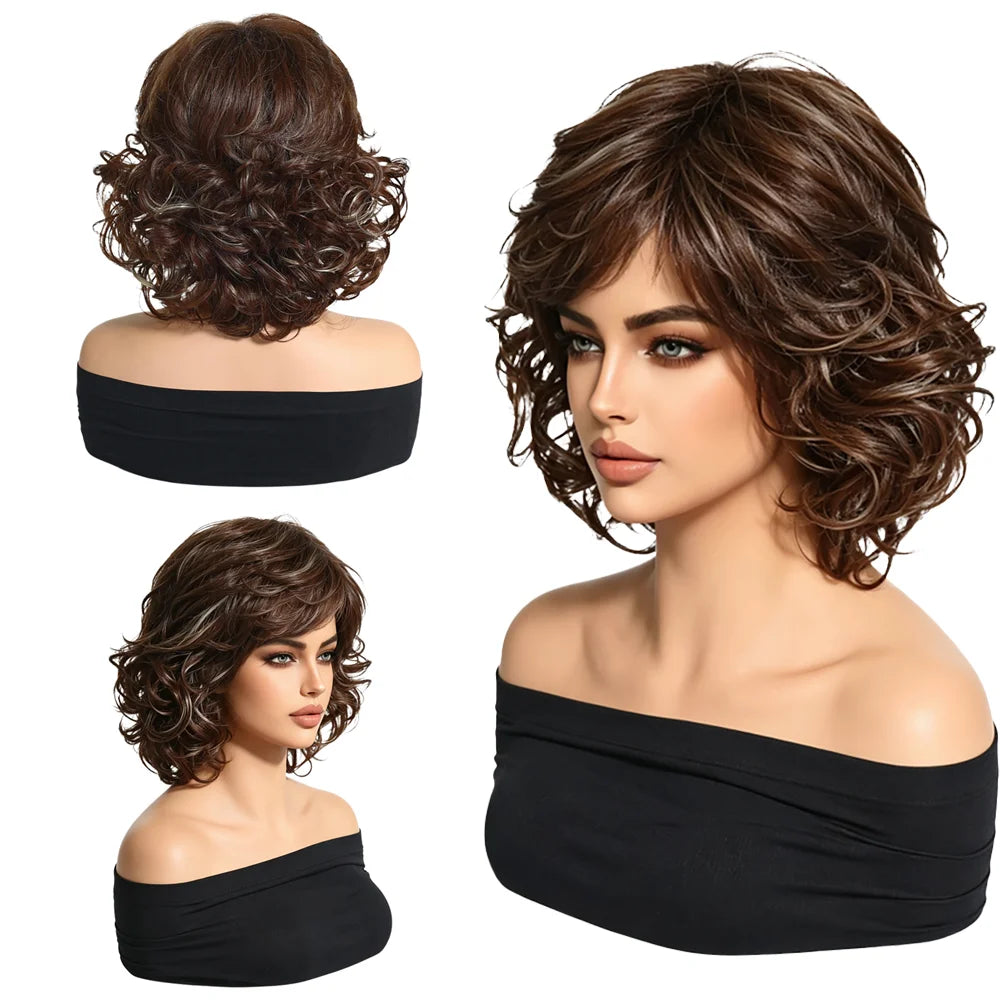 Short Curly Brown Wig with Blonde Highlights Women Synthetic Bob Wigs Natural Looking Side Bangs Heat Resistant For Daily Party