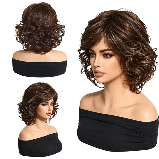 Short Curly Brown Wig with Blonde Highlights Women Synthetic Bob Wigs Natural Looking Side Bangs Heat Resistant For Daily Party