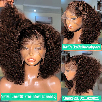 Chocolate Brown 200% Density Deep Curly 13x4 Lace Frontal Bob Wig Water Wavy Human Hair Wigs Pre Plucked Virgin Wet And Hair #4