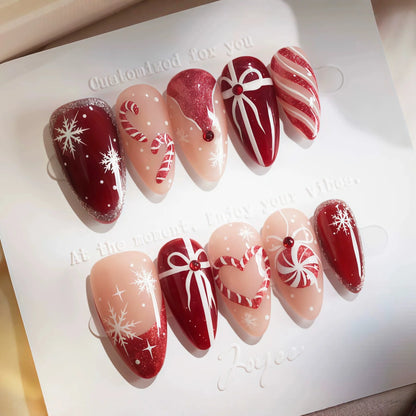 24Pcs Christmas French Fake Nail Tips with Red Diamond Almond Head Wearable Press on Nails Snowflake Xmas Style False Nails Set