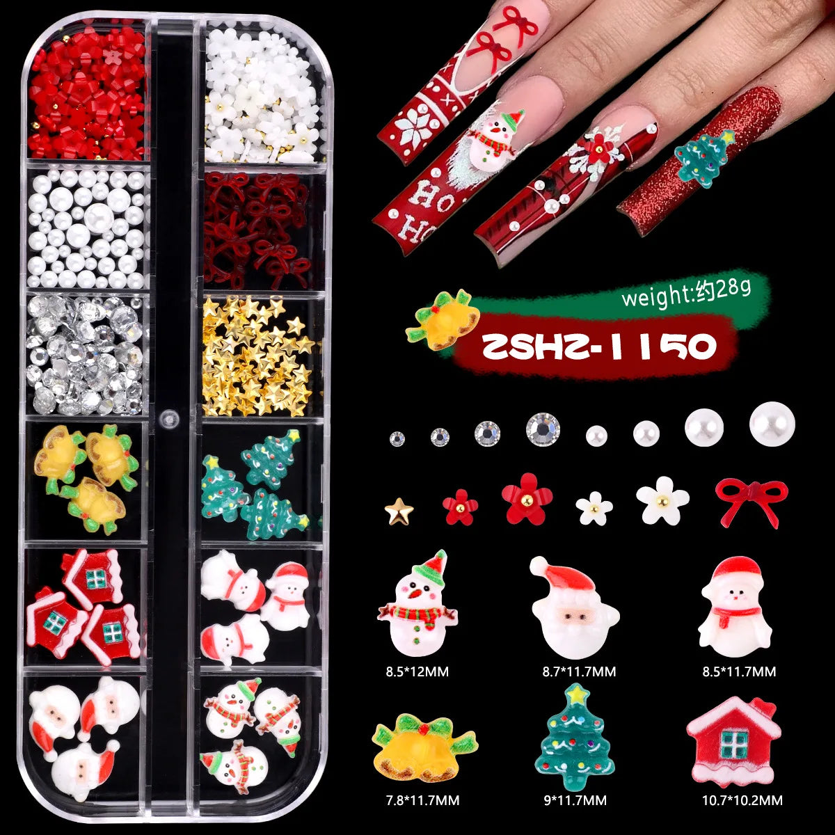 Christmas Theme Nail Art 3D Resin Decor Set, Santa Claus, Colorful Penguins, Snowman, Christmas Tree, Gloves, Bow, Star, 3D Nail