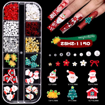 Christmas Theme Nail Art 3D Resin Decor Set, Santa Claus, Colorful Penguins, Snowman, Christmas Tree, Gloves, Bow, Star, 3D Nail