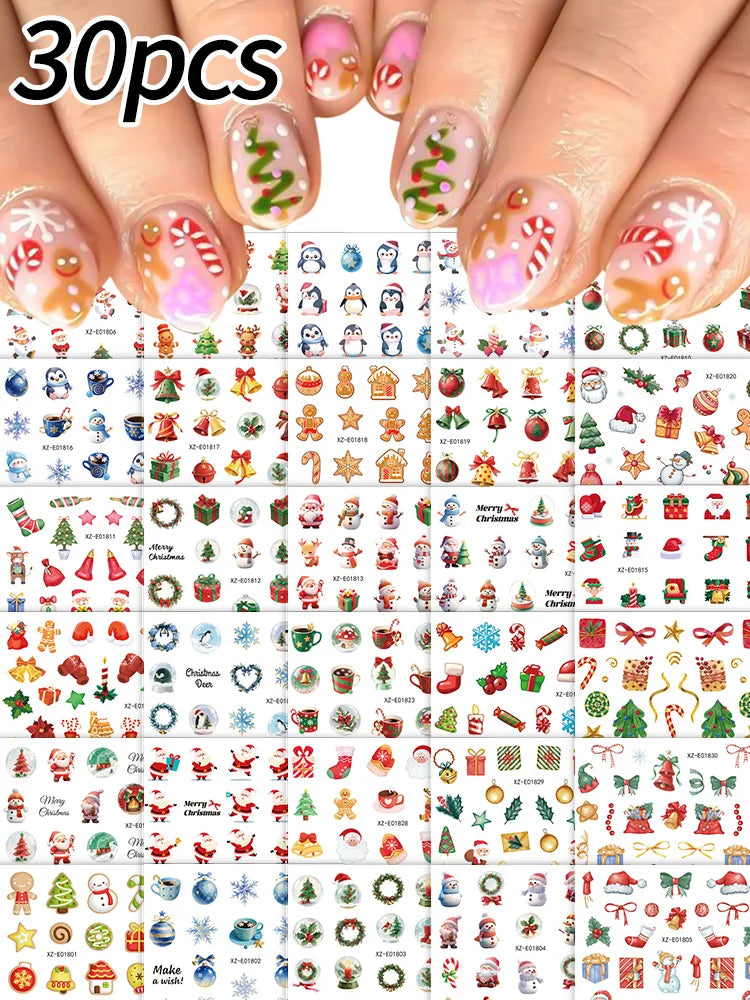 30pcs Cartoon Christmas Mini Nail Stickers Set Snowman, Snowflake, Penguin, Candy Adhesive Nail Decals Winter Manicure Sliders
