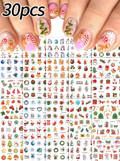 30pcs Cartoon Christmas Mini Nail Stickers Set Snowman, Snowflake, Penguin, Candy Adhesive Nail Decals Winter Manicure Sliders