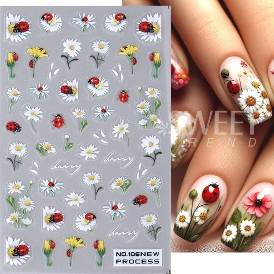 5D Daisy Flower Nail Stickers Cute Bee Blossom Petal Insect Self Adhesive Manicure Decal DIY Spring Summer Nail Art Decoration