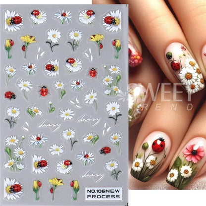 5D Daisy Flower Nail Stickers Cute Bee Blossom Petal Insect Self Adhesive Manicure Decal DIY Spring Summer Nail Art Decoration