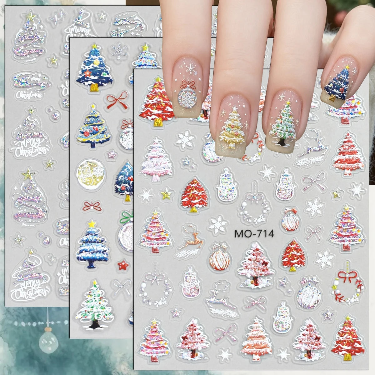 3 to 12 Sheets 5D Holographic Christmas Tree Snowflake Ornament Wreath Reindeer Glitter Self-Adhesive Nail Art Stickers