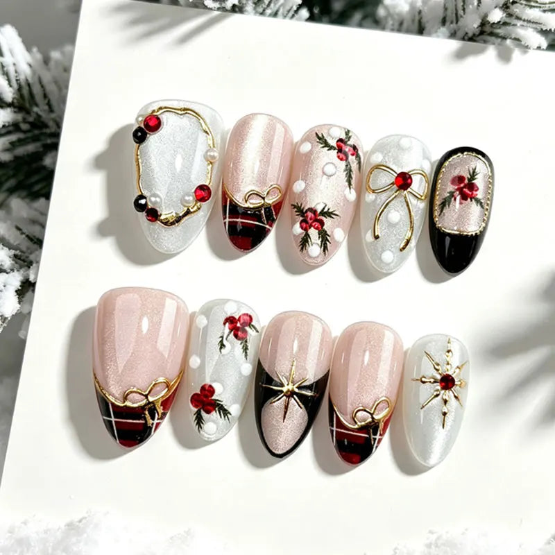 10Pcs Winter Vintage Wine Red Gilded Christmas Tree European and American Style Press On Nails With Cat Eyes Nail Art Patches