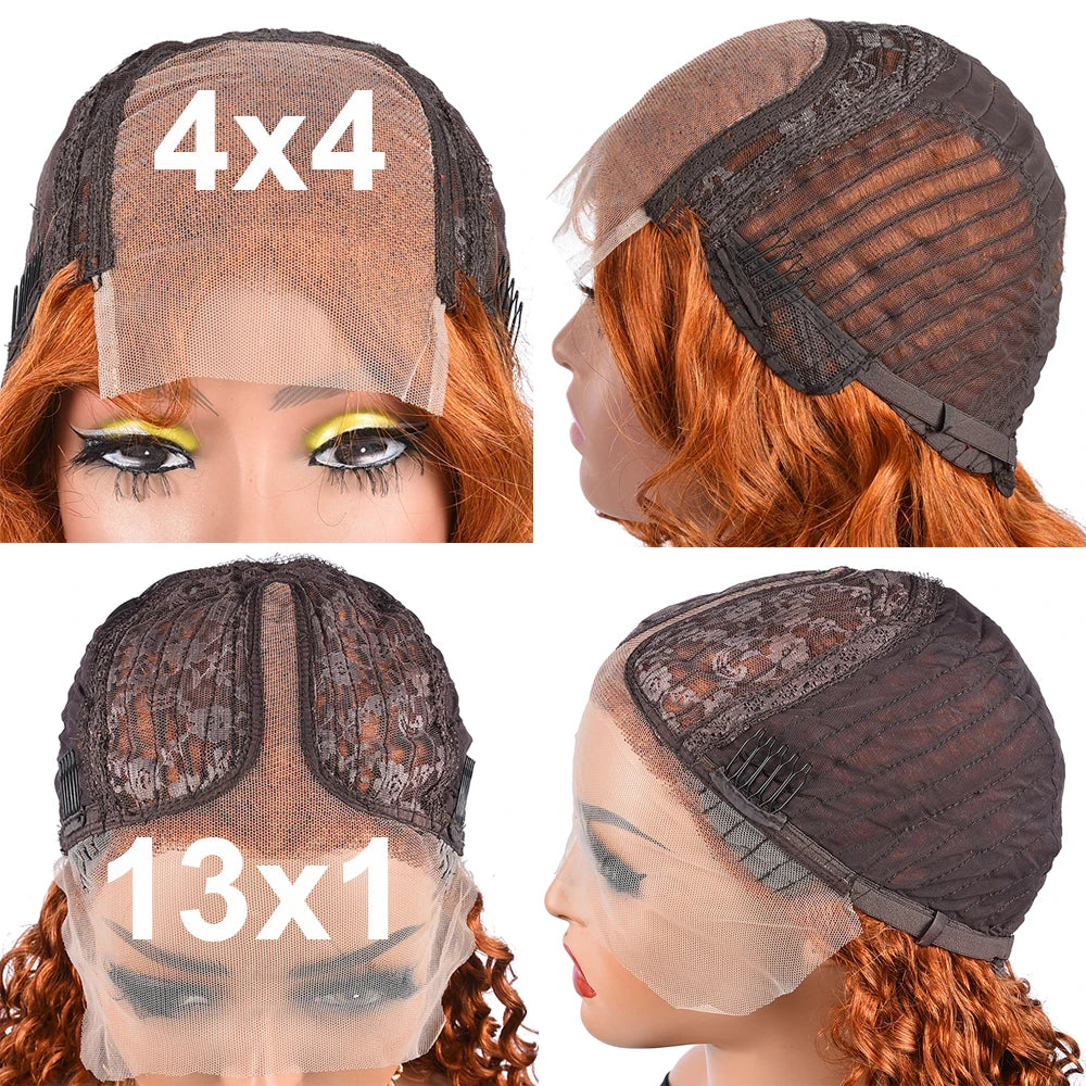 T1B/Orange Deep Wave Lace Closure Wig For Women Ombre Orange Lace Closure Human Hair Wigs With Baby Hair Remy Preplucked HairUGo