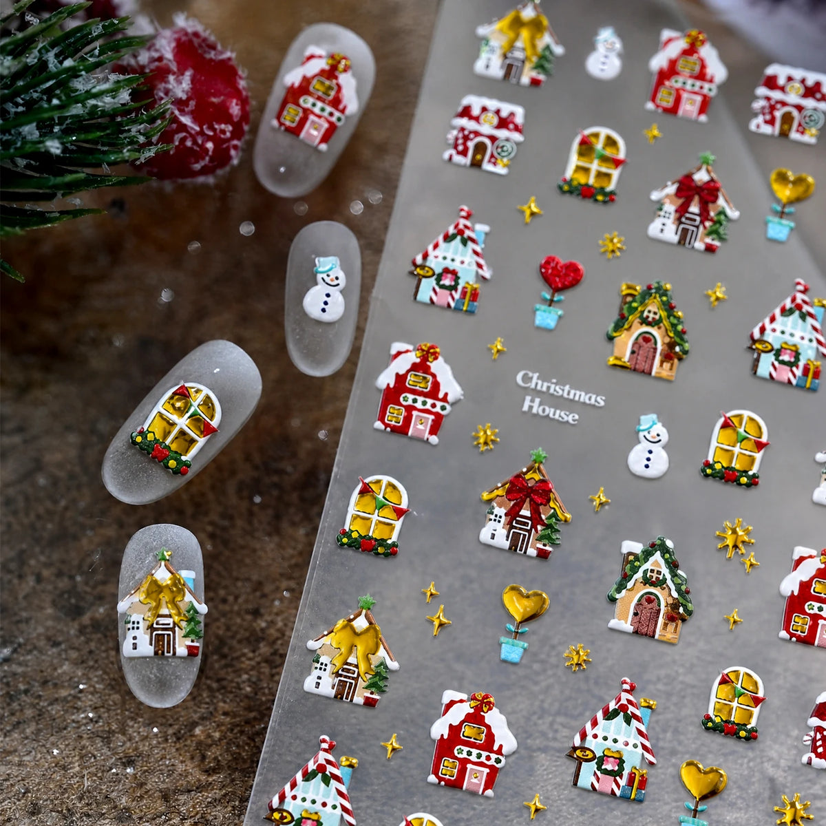 1pcs Gold-foiled Christmas Tree 5D Nail Stickers Bow Holly Snowflake Wreath Christmas Nail Decals Cartoon Merry Christmas Decora