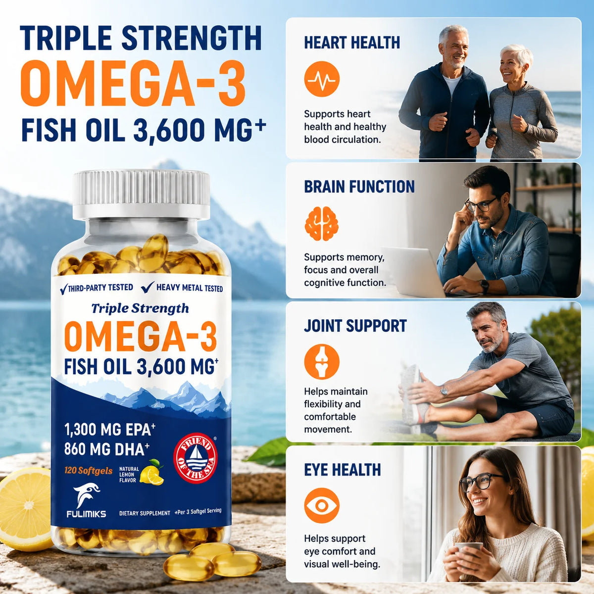 Triple Strength Omega 3 Fish Oil Supplement 3600 mg, EPA & DHA, Support Joint Bone, Skin, Brain & Heart Health, Energy, Immune