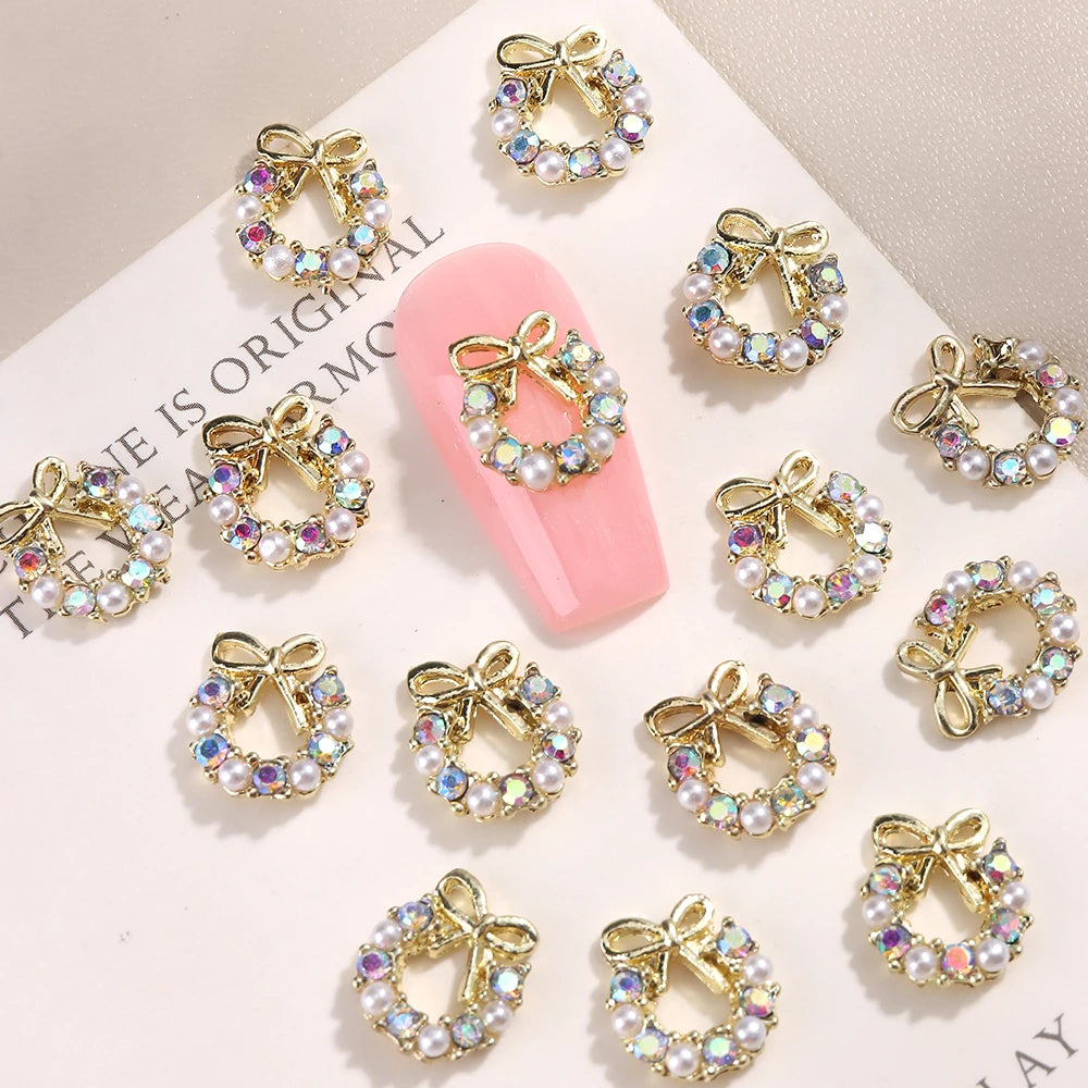 3D Christmas Nail Art Charms; Gold & Silver Bows and Wreaths; Cute Winter Designs for DIY Manicures and Salon Accessories