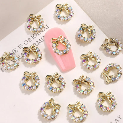3D Christmas Nail Art Charms; Gold & Silver Bows and Wreaths; Cute Winter Designs for DIY Manicures and Salon Accessories