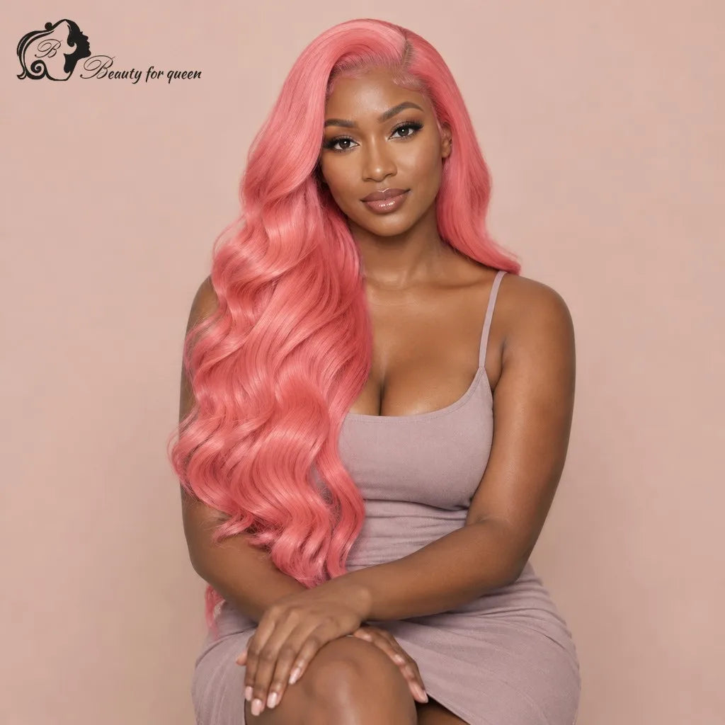 Coral Pink Body Wave Wig Long HD Lace Soft For Women Heat Friendly Voluminous Middle Part Smooth 180 Density Quality Sleek