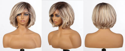 Short Layered Wavy Bob Wig with Bangs for Women Blonde Highlights Human Hair 12 Inches HD Lace Front Wigs With Dark Roots