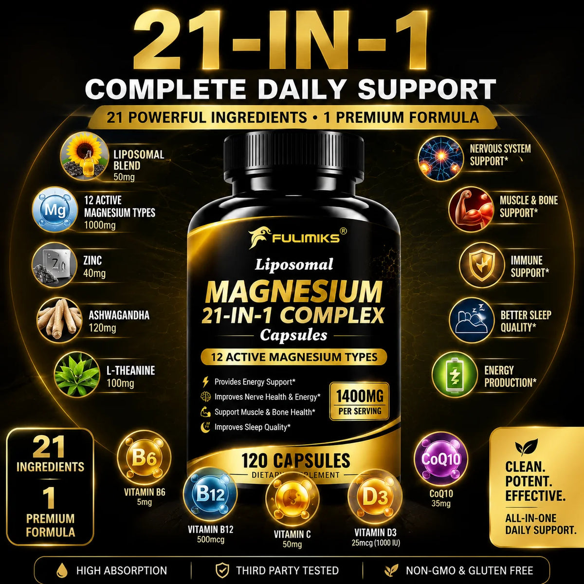 Magnesium 21-in-1 Capsules L-Theanine Ashwagandha CoQ10 B6 B12 D3 C Zinc, Support Nerve Relieve Stress Sleep Muscle Bone Health