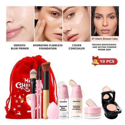 10Pcs Makeup Set Primer Foundation Concealer Setting Powder Makeup Brushes Beauty Sponge Full Face Cosmetic Kit Christmas Gift