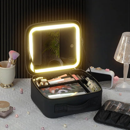 Cosmetic Portable Travel Storage Box With 2000mAh Led Rechargeable Vanity Bags Makeup Case With Led Light Mirror