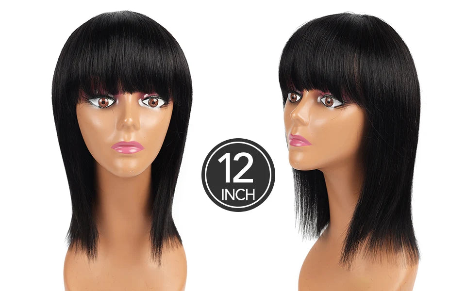 Human Hair Wigs with Bangs BOBO Wig Straight Short Bob Wig Human Hair Natural Color 14inch 150% Density Bob Wig