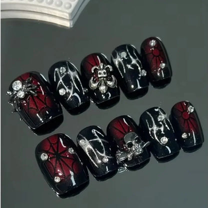 10Piece Handmade Nail Short Nail Pressing Nail Fake Nails3dSpider Ornament Spider Web Pattern Dark Series Removable Reuse