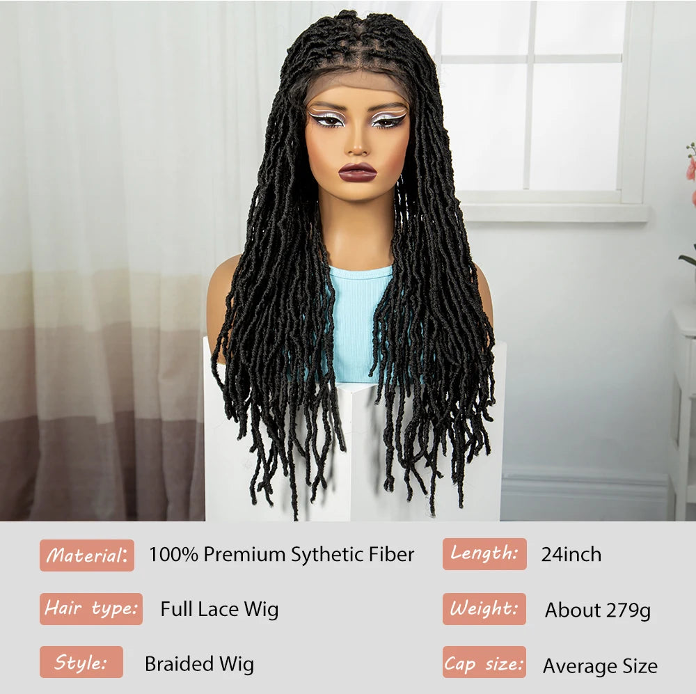 24Inch Full Lace Locs Braided Wigs with Baby Hair Lace Frontal Synthetic Braids Wigs for Black Women Natural HD Lace Braids Wigs