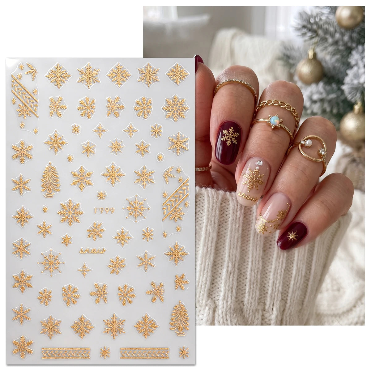 3Pcs 3D Glitter Gold Christmas Nail Stickers, Snowflake Sweater Pattern Letter Decals, Winter Holiday Gift Party Nail Supplies