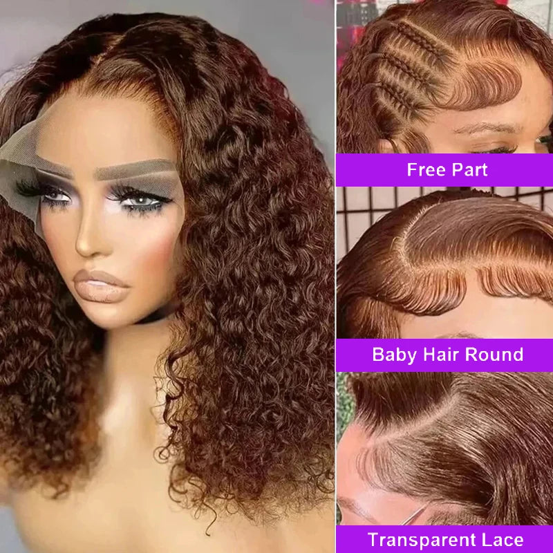 Chocolate Brown 200% Density Deep Curly 13x4 Lace Frontal Bob Wig Water Wavy Human Hair Wigs Pre Plucked Virgin Wet And Hair #4