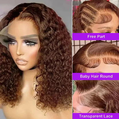 Chocolate Brown 200% Density Deep Curly 13x4 Lace Frontal Bob Wig Water Wavy Human Hair Wigs Pre Plucked Virgin Wet And Hair #4