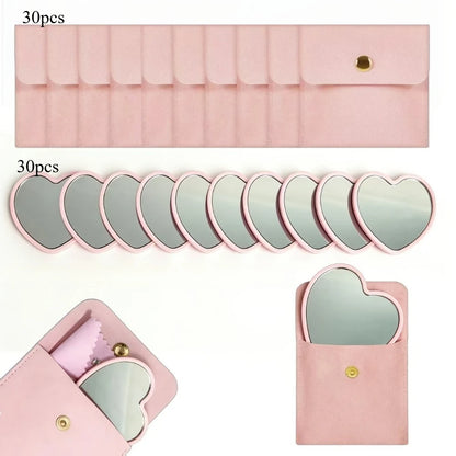10/20/30sets Heart Shaped Pink Glass Makeup Mirror with Matching Cosmetic Bag for Travel Home Decor Holiday Gift