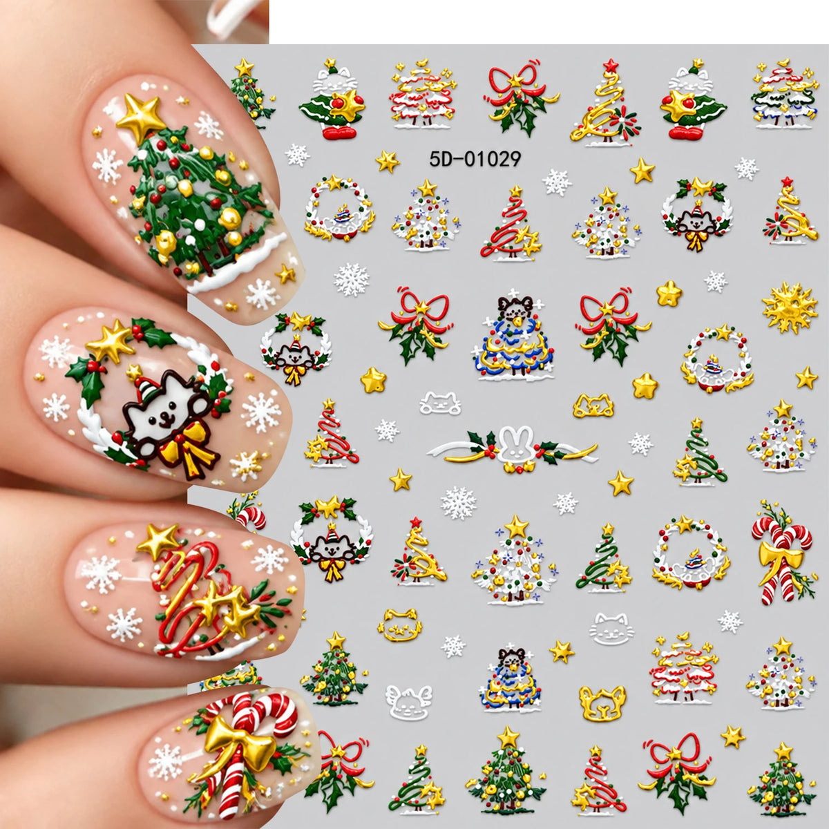 1pcs Gold-foiled Christmas Tree 5D Nail Stickers Bow Holly Snowflake Wreath Christmas Nail Decals Cartoon Merry Christmas Decora