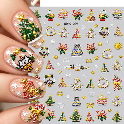 1pcs Gold-foiled Christmas Tree 5D Nail Stickers Bow Holly Snowflake Wreath Christmas Nail Decals Cartoon Merry Christmas Decora