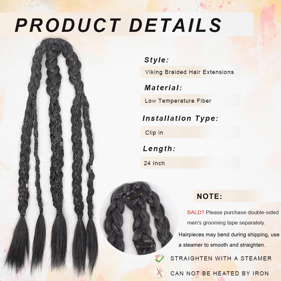 Synthetic 24" Handmade Viking Braided Ponytail Wig Men Clip In Hair Extensions,Halloween Renaissance Warrior Costume Accessories
