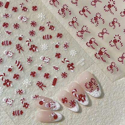 Cute Cartoon Christmas 5D Nail Stickers Red White Candy Cane Mint Cookie Gingerbread Man Snowflake Self Adhesive Nail Decals