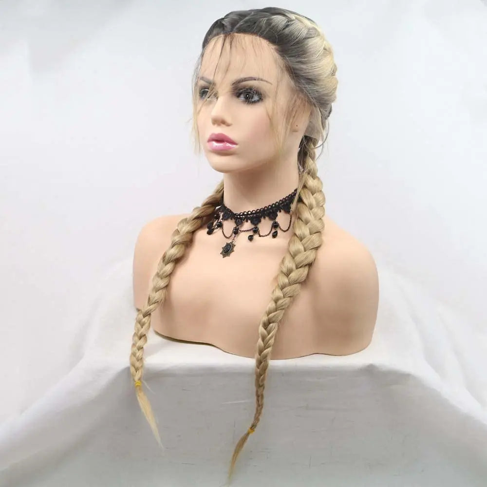 Synthetic Blonde Lace Front Braid Wigs Ombre Blonde Double Braid With Dark Roots Heat Resistant Fiber Braid Baby Hair Wigs