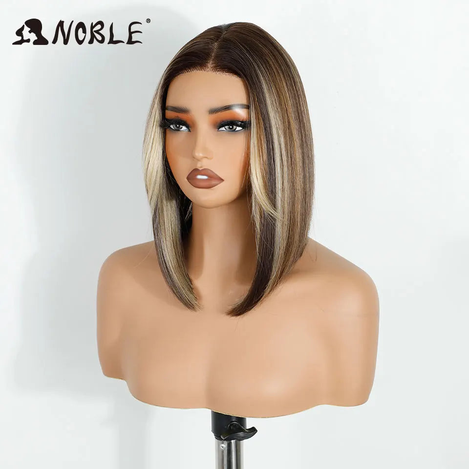 Noble Synthetic Lace Front Wigs For Women 12 Inch Pre Plucked Pre-Cut Ombre Brown Blonde Straight Layered Bob Wig Cosplay Wig
