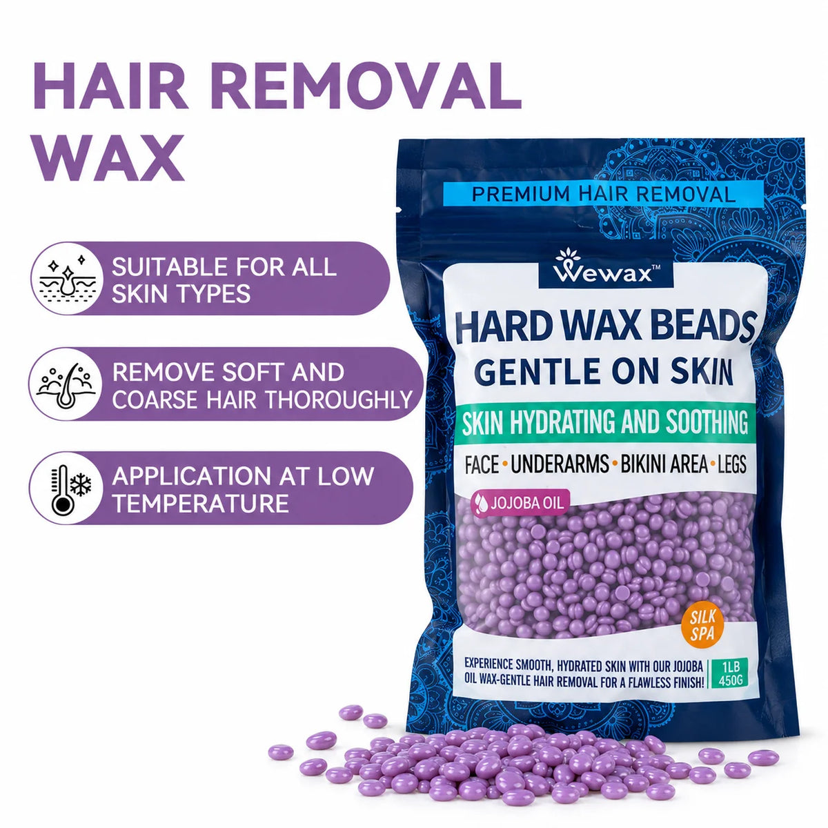 WEWAX 450g Hard Wax Beads Family Pack, Premium Brazilian Lavender Scented Beeswax Wax Beans, Strong Adhesion, Precise Paperless Quick Hair Removal, for Full Body Bikini Area Hands Legs, Normal Skin, Salon Home Body Care Wax,