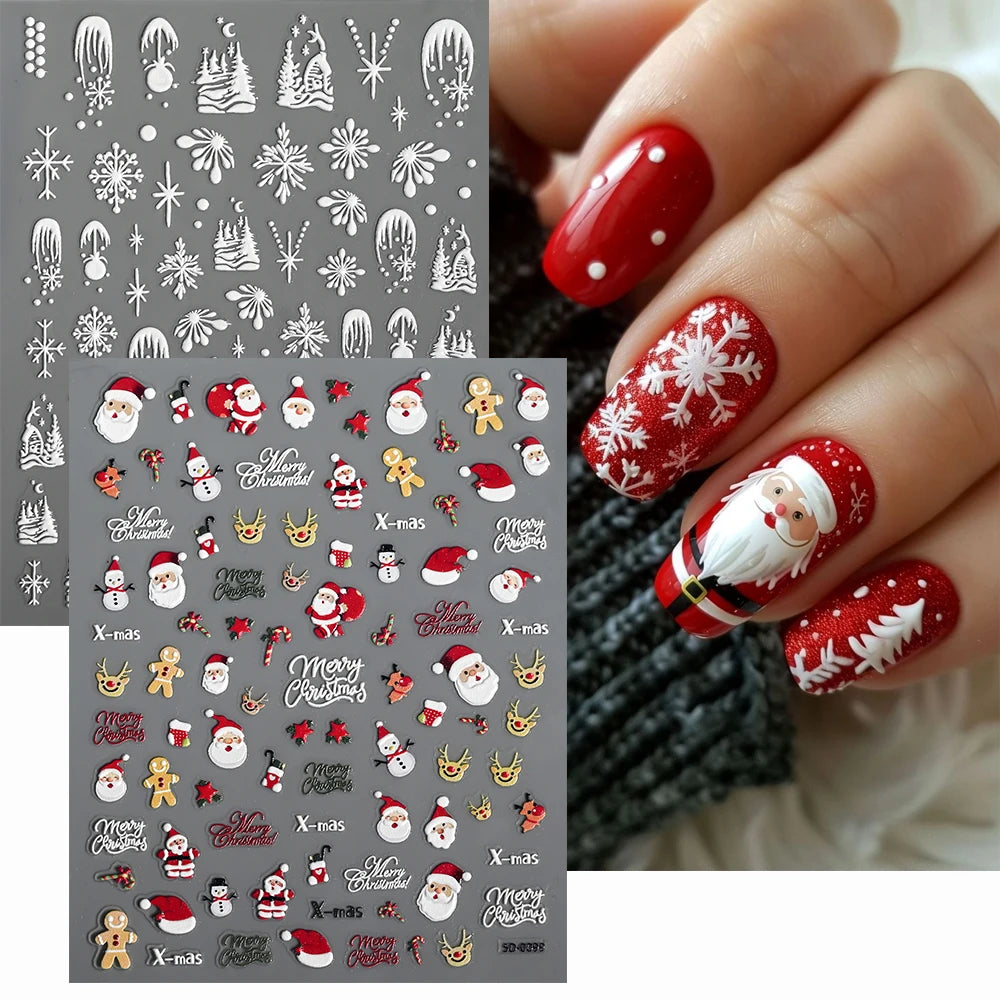 2pcs 5D Christmas Nail Stickers Waterfall Snowflakes Santa Claus Elk Gingerbread Nail Decals  Embossed Winter  Xmas Manicure Set
