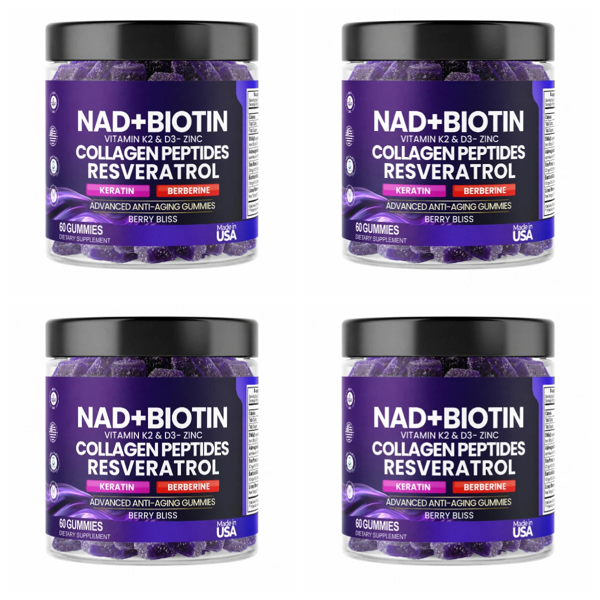 Biotin Collagen Gummies with NAD+ Resveratrol Vitamin D3 K2 Zinc Daily Beauty Wellness Supplement 60 Count Berry Flavor