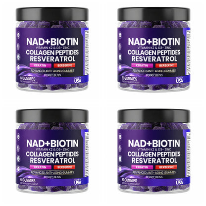 Biotin Collagen Gummies with NAD+ Resveratrol Vitamin D3 K2 Zinc Daily Beauty Wellness Supplement 60 Count Berry Flavor