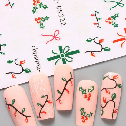 2PCS 3D Red Green Christmas Nail Stickers Holiday Snowflake Bow Berry Decals Winter Holiday Party Nail Art Supplies