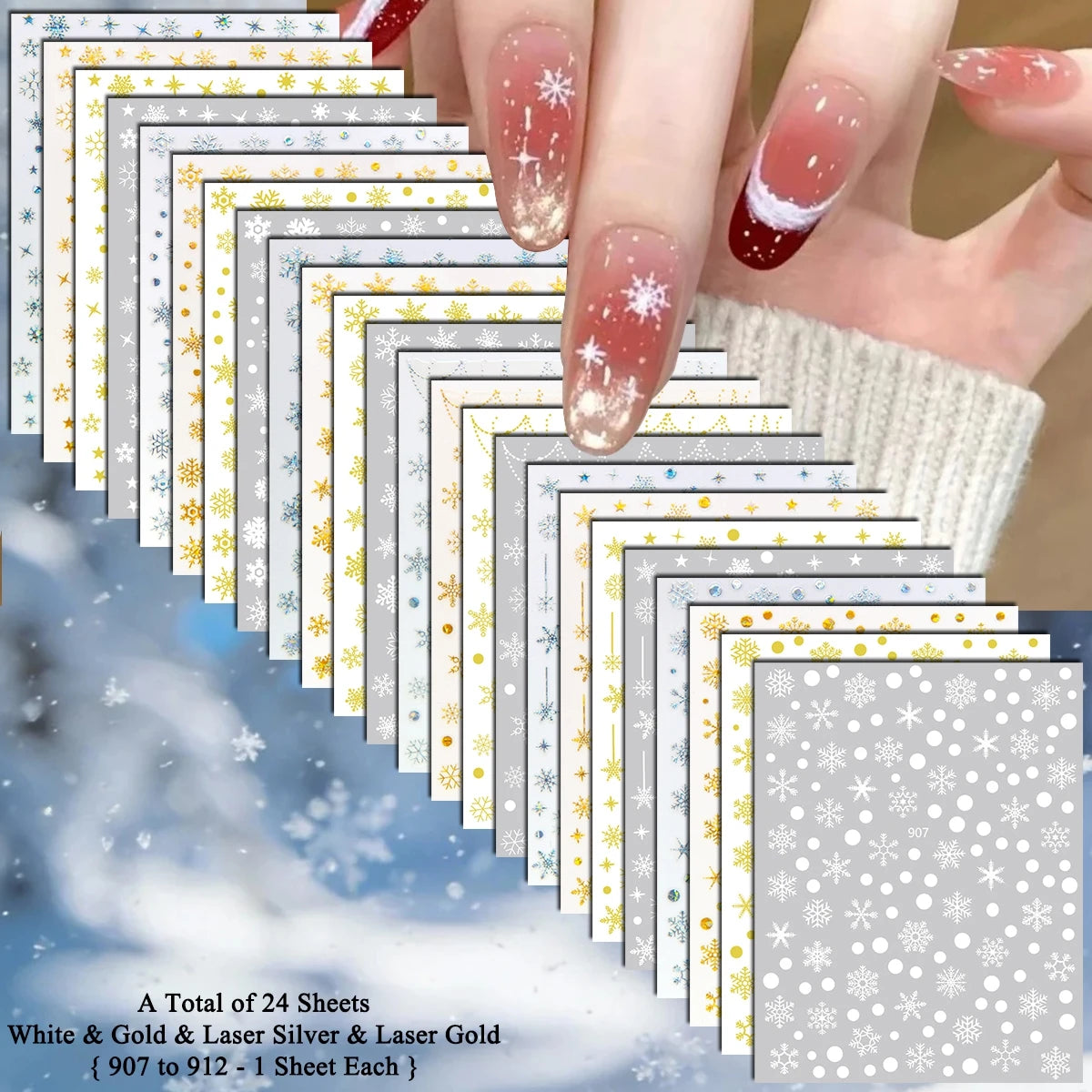 4 to 24 Sheets Xmas Snowflake Gold Silver Blue Holographic Self-Adhesive Winter Christmas Decor DIY Manicure Nail Art Stickers