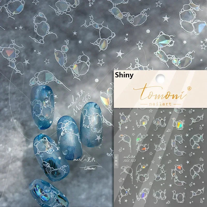 5D Summer Sea Shell Nail Sticker Shiny Embossed Starfish Nails Stickers Summer Beach Wine glass Jellyfish Nail Decals Decoration