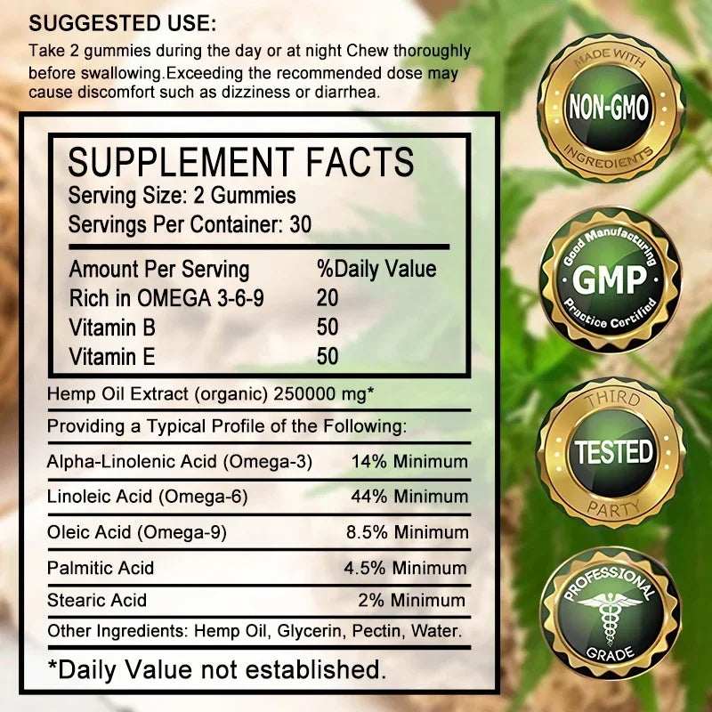 Contains Omega 3-6-9 Vitamin B, E Gummies - Stress Relief, Sleep, Mood, Skin, Nails, Focus, Joint Support, Non-GMO Supplement