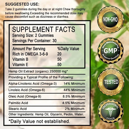 Contains Omega 3-6-9 Vitamin B, E Gummies - Stress Relief, Sleep, Mood, Skin, Nails, Focus, Joint Support, Non-GMO Supplement