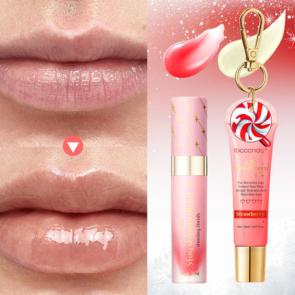 Christmas Gift 3Pcs Glossy Lip Gloss Set Strawberry Lip Balm And Lip Gloss Combo Long Lasting Hydrating Plump Lips