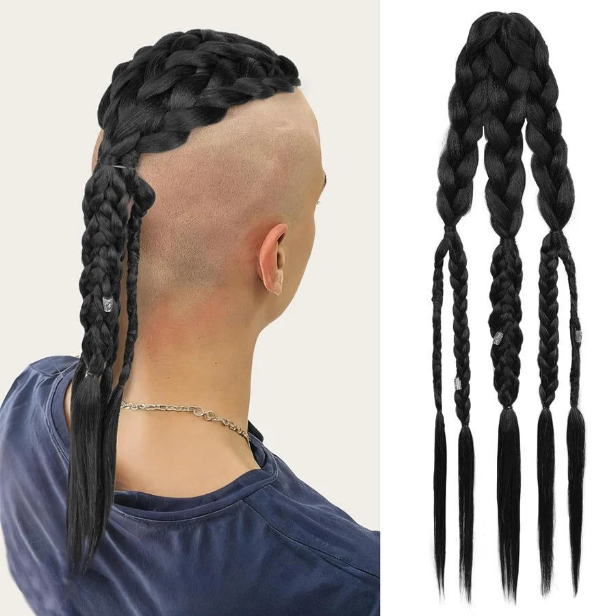 Synthetic 24" Handmade Viking Braided Ponytail Wig Men Clip In Hair Extensions,Halloween Renaissance Warrior Costume Accessories