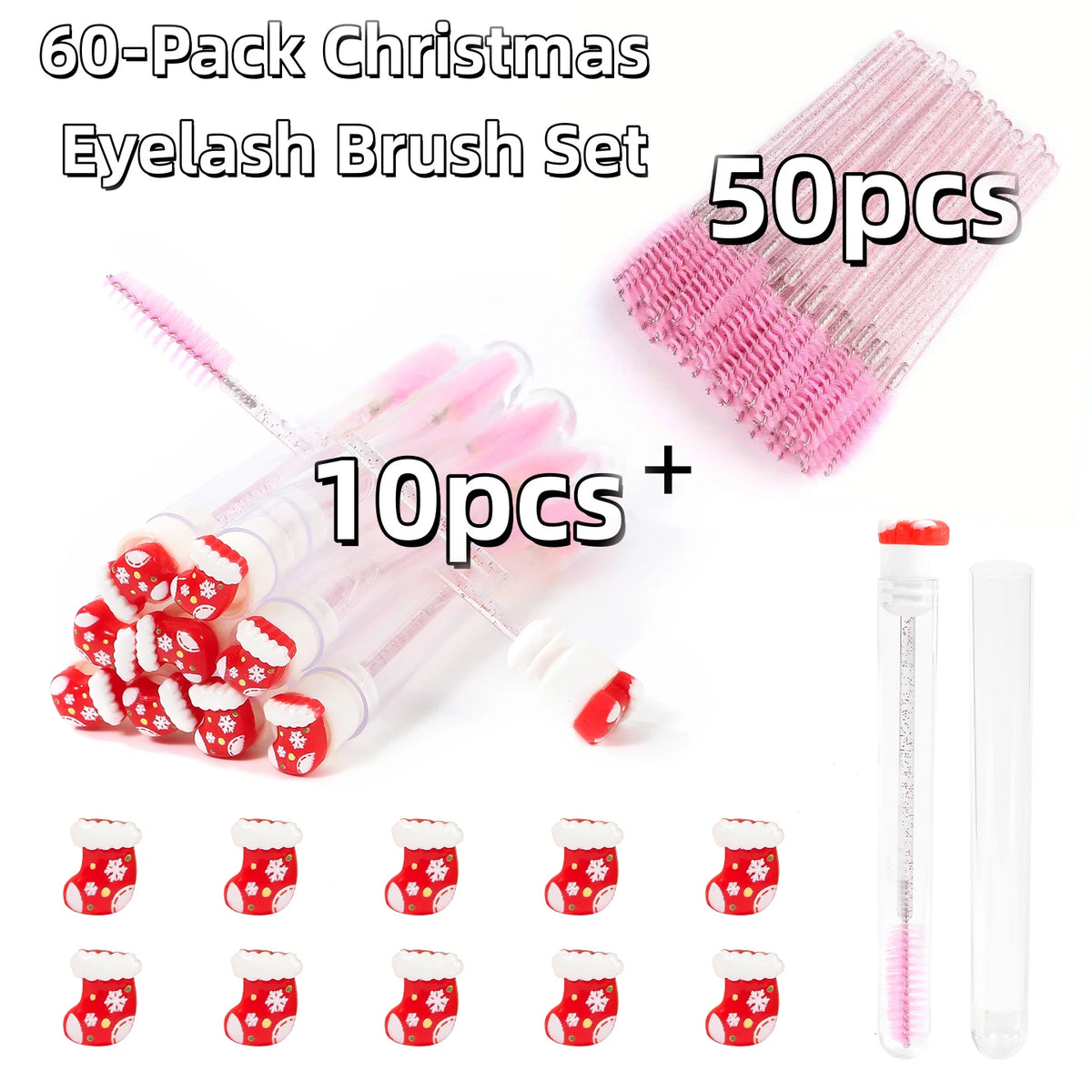 60Pcs Christmas Eyelash Brush with Tube Replaceable Mascara Wand Spoolie Dustproof Lash Tech Supplies Reusable Eyebrow Xmas Gift
