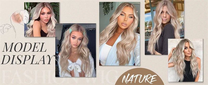 Water Wave Lace Front Wigs with Full Bangs Light Beige Blonde Synthetic Hair Dark Roots Top Wig Fringe Golden Invisible Lace Wig