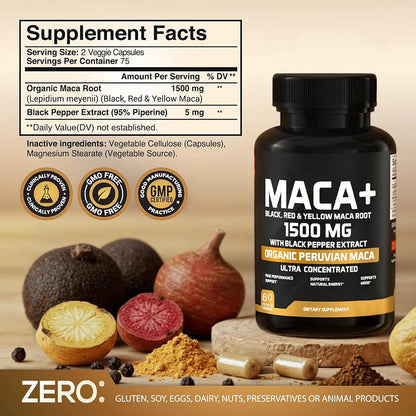 1500mg Organic Maca Root, Black, Red & Yellow - 60 Capsules - Black Maca Root Capsules for Men Supplement - Non-GMO, Gluten-Free
